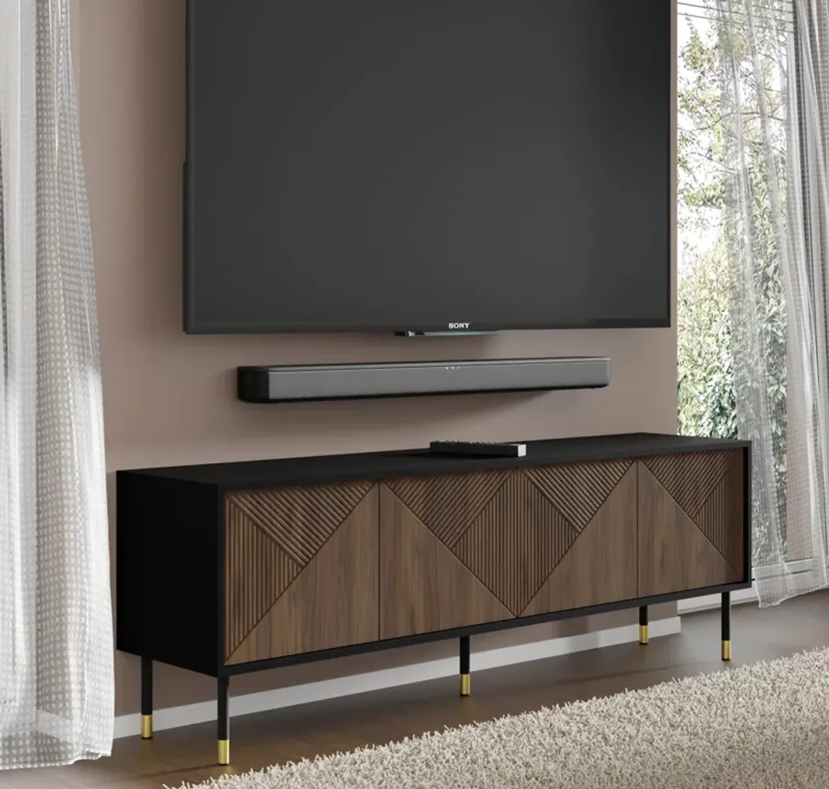 TV Stand WOODY IV 70.87 in 4D Black matt - Catania Oak