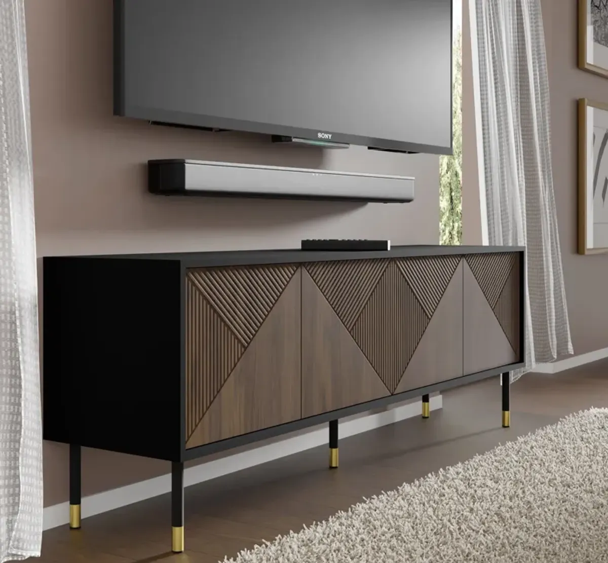 TV Stand WOODY IV 70.87 in 4D Black matt - Catania Oak