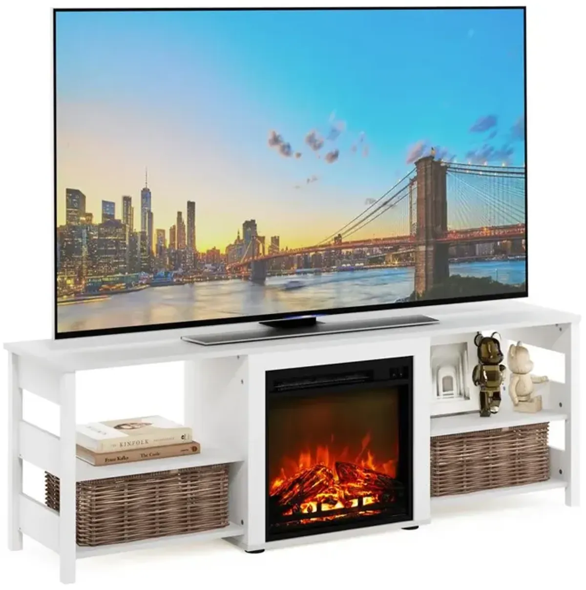 Furinno Classic 70 Inch TV Stand with Fireplace, White Emboss