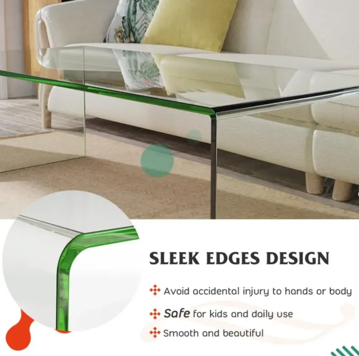 Hivvago 42.5 x 20 x 14 Inch Glass Coffee Table with Rounded Edges for Living Room