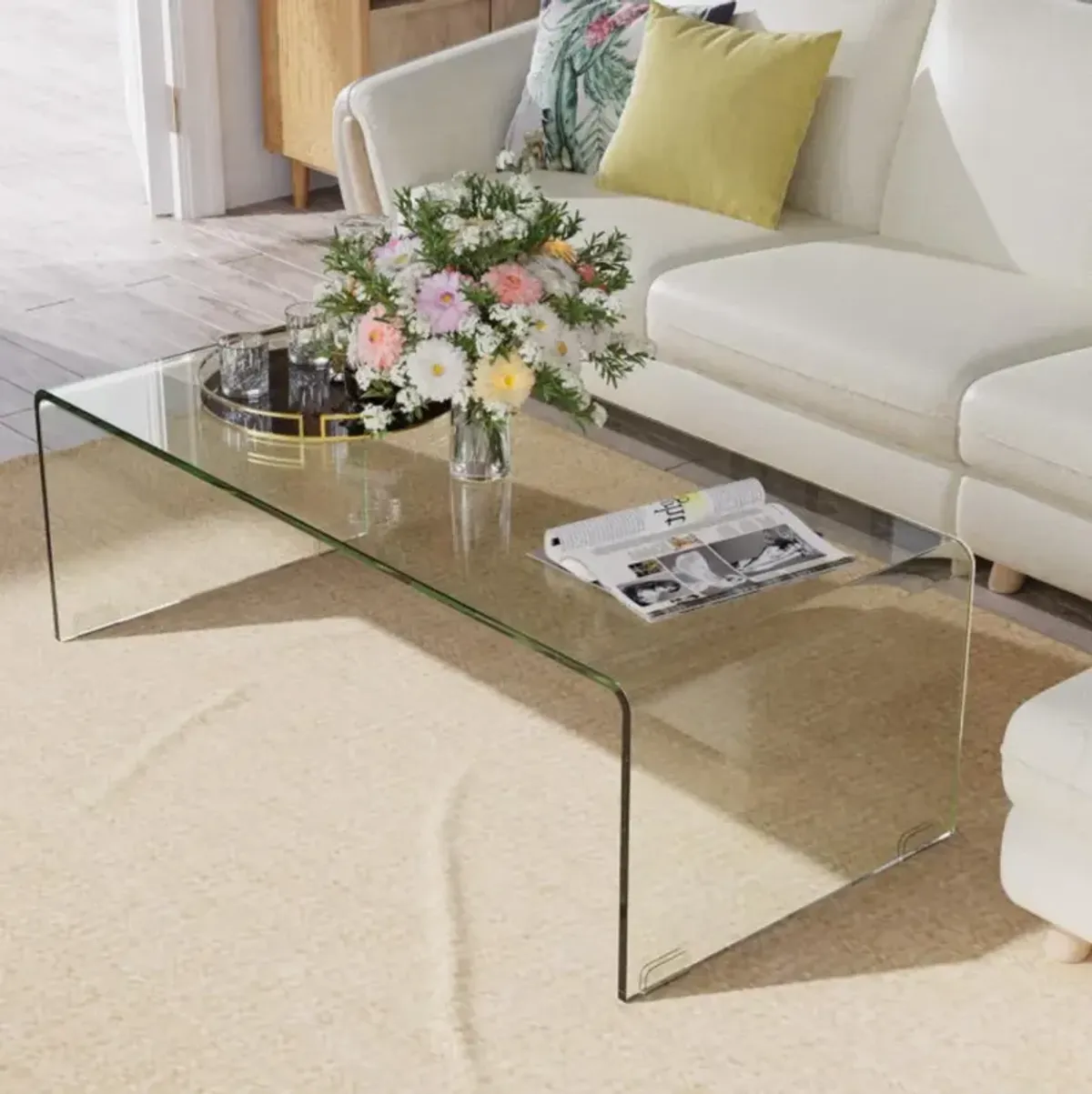 Hivvago 42.5 x 20 x 14 Inch Glass Coffee Table with Rounded Edges for Living Room