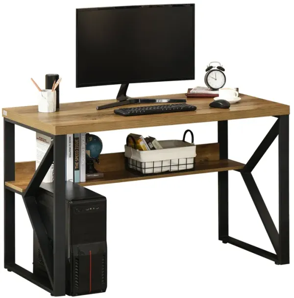 Industrial Writing Desk: Black/Brown, K-Frame, Storage Shelf, Adjustable Feet