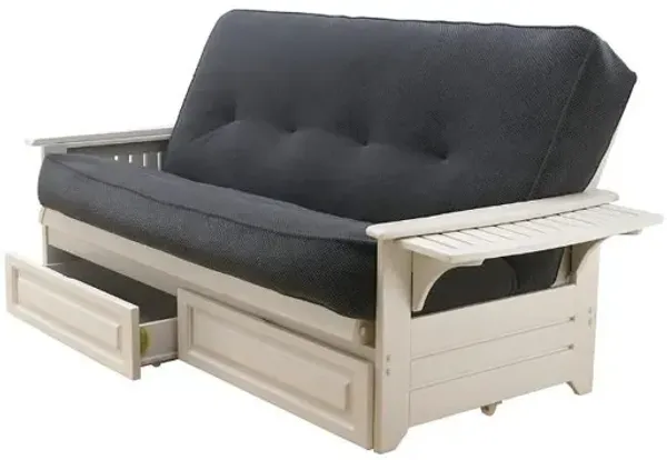 Phoenix Frame/Antique White Finish/Marmont Thunder Mattress/Storage Drawers