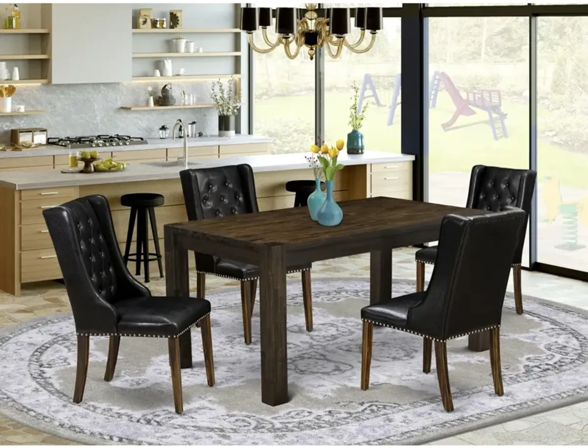 East West Furniture East West Furniture CNFO5-77-49 5-Pc Kitchen Dining Room Set 4 Black Linen Fabric Dining Padded Chairs with Button Tufted Back and 1 Beautiful Rectangular Table - Distressed Jacobean Finish