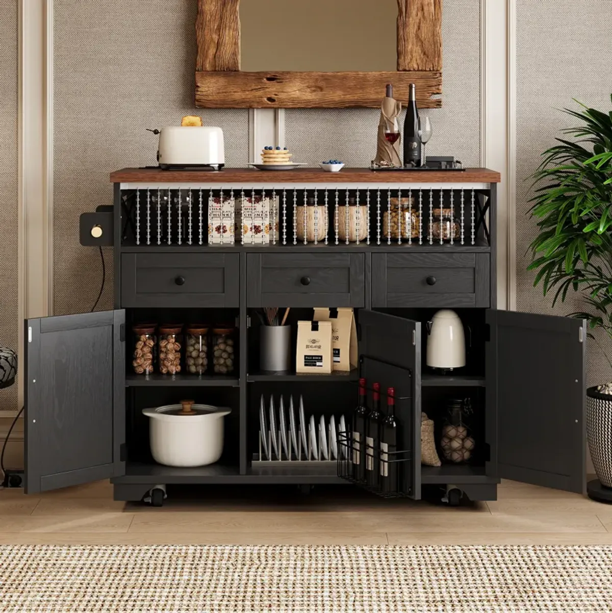 Merax Farmhouse Kitchen Island with Drape of Beads