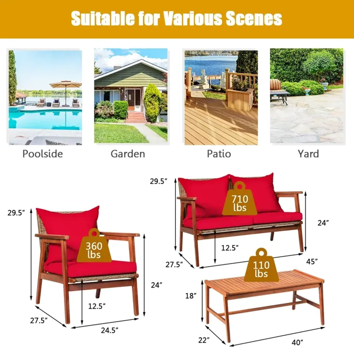 4-Piece Acacia Wood and Rattan Patio Furniture Set for Outdoor Seating