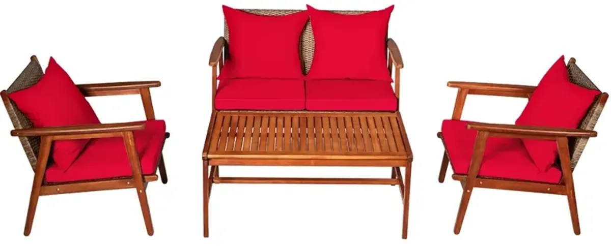 4-Piece Acacia Wood and Rattan Patio Furniture Set for Outdoor Seating