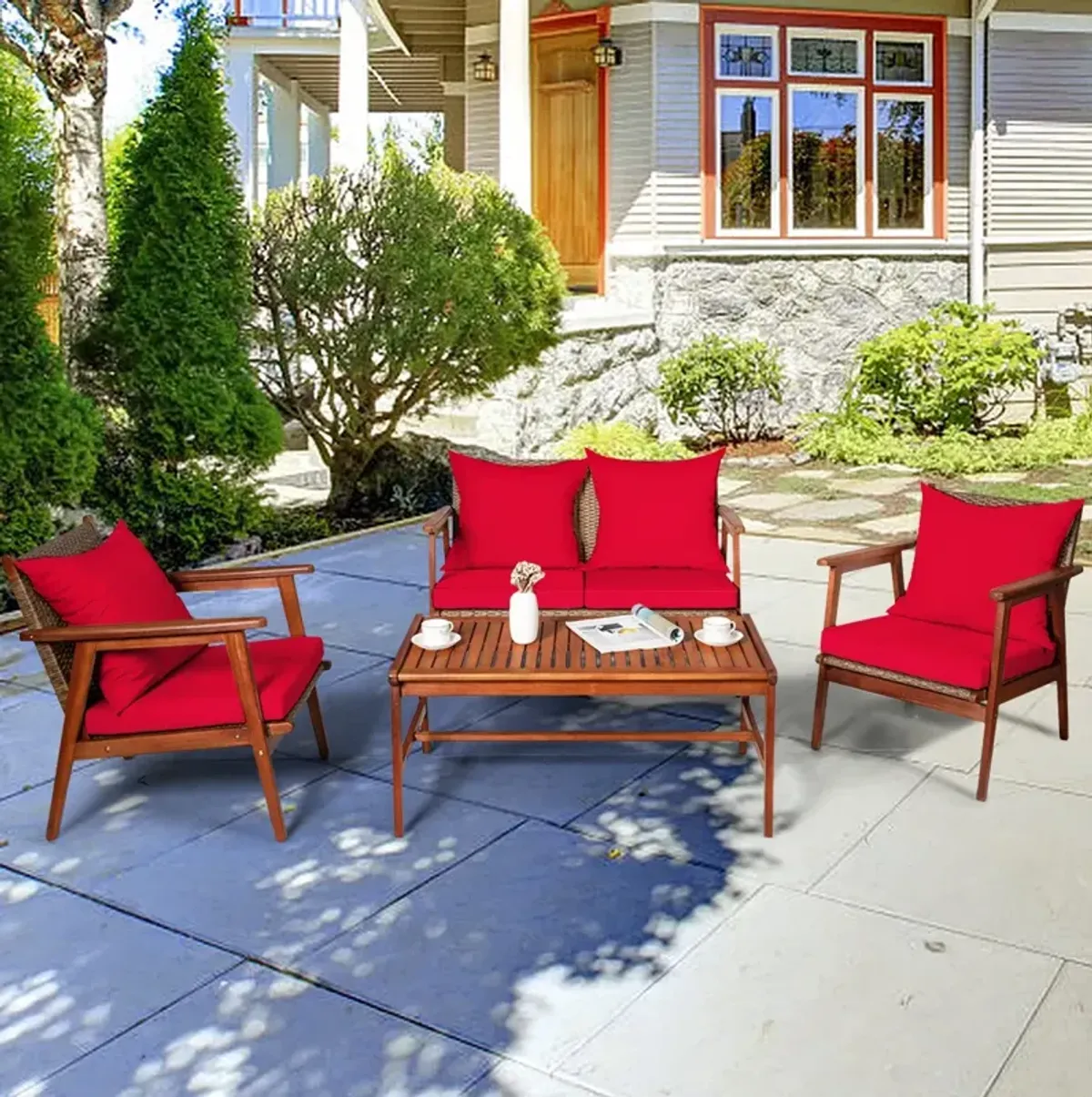 4-Piece Acacia Wood and Rattan Patio Furniture Set for Outdoor Seating