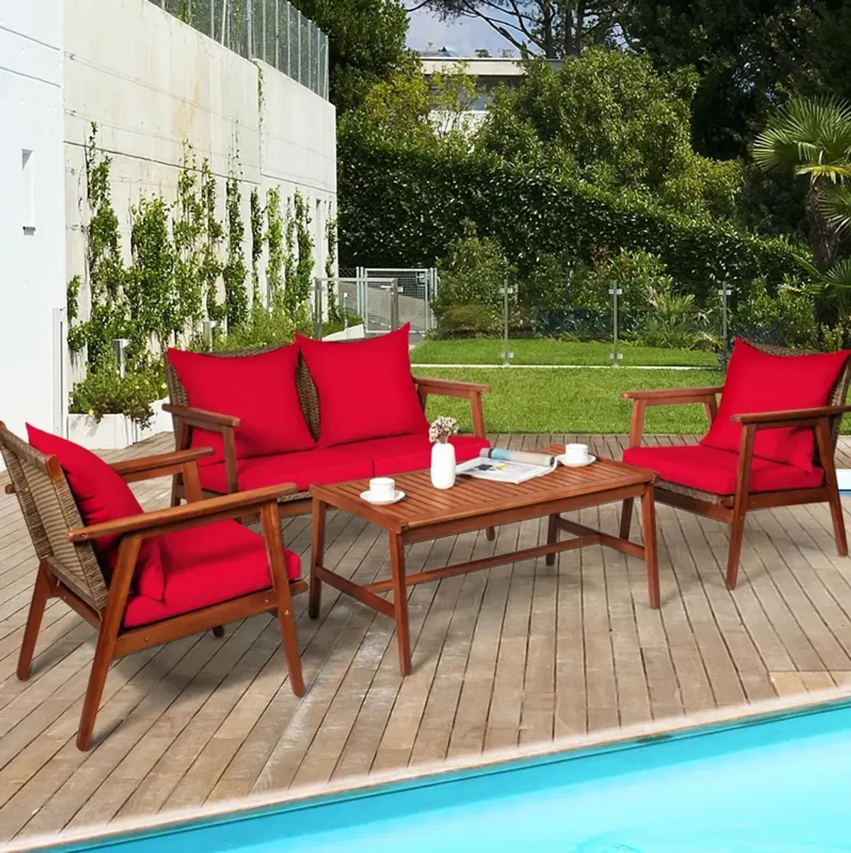 4-Piece Acacia Wood and Rattan Patio Furniture Set for Outdoor Seating