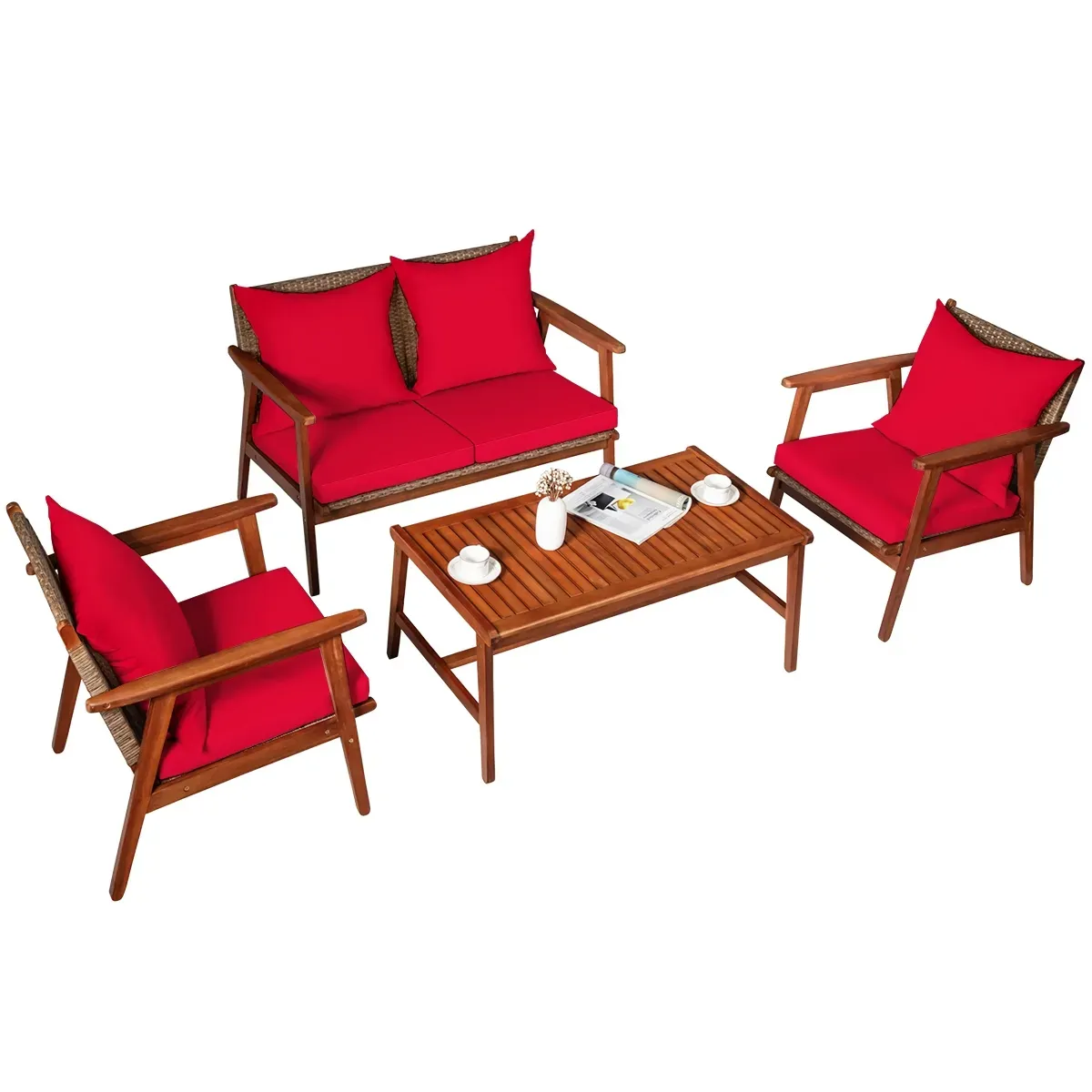 4 Pieces Acacia Wood Patio Rattan Furniture Set-Turquoise