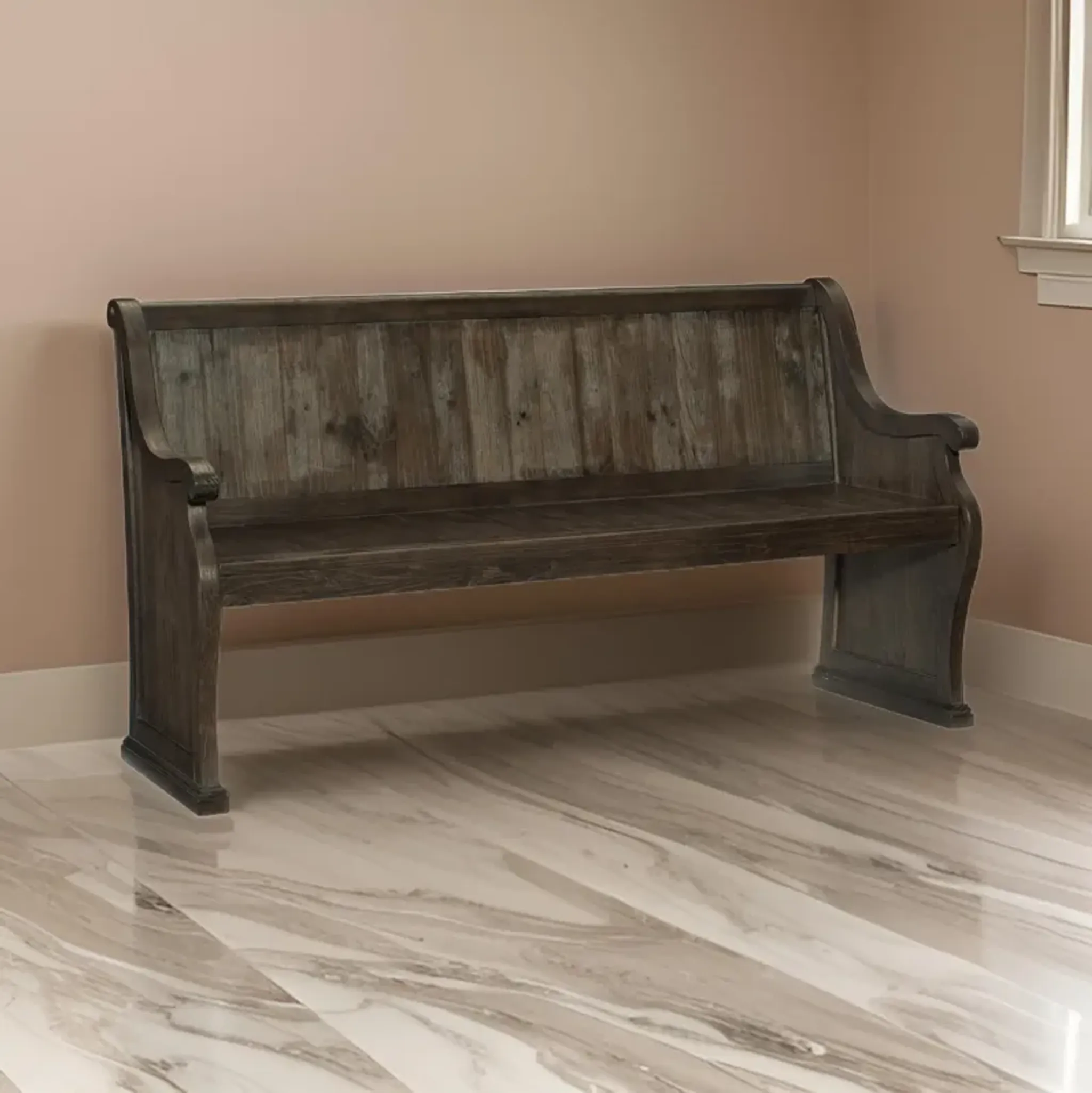 Vill 67 Inch Bench Curved Arms And Backrest Brown Solid Wood Frame ...