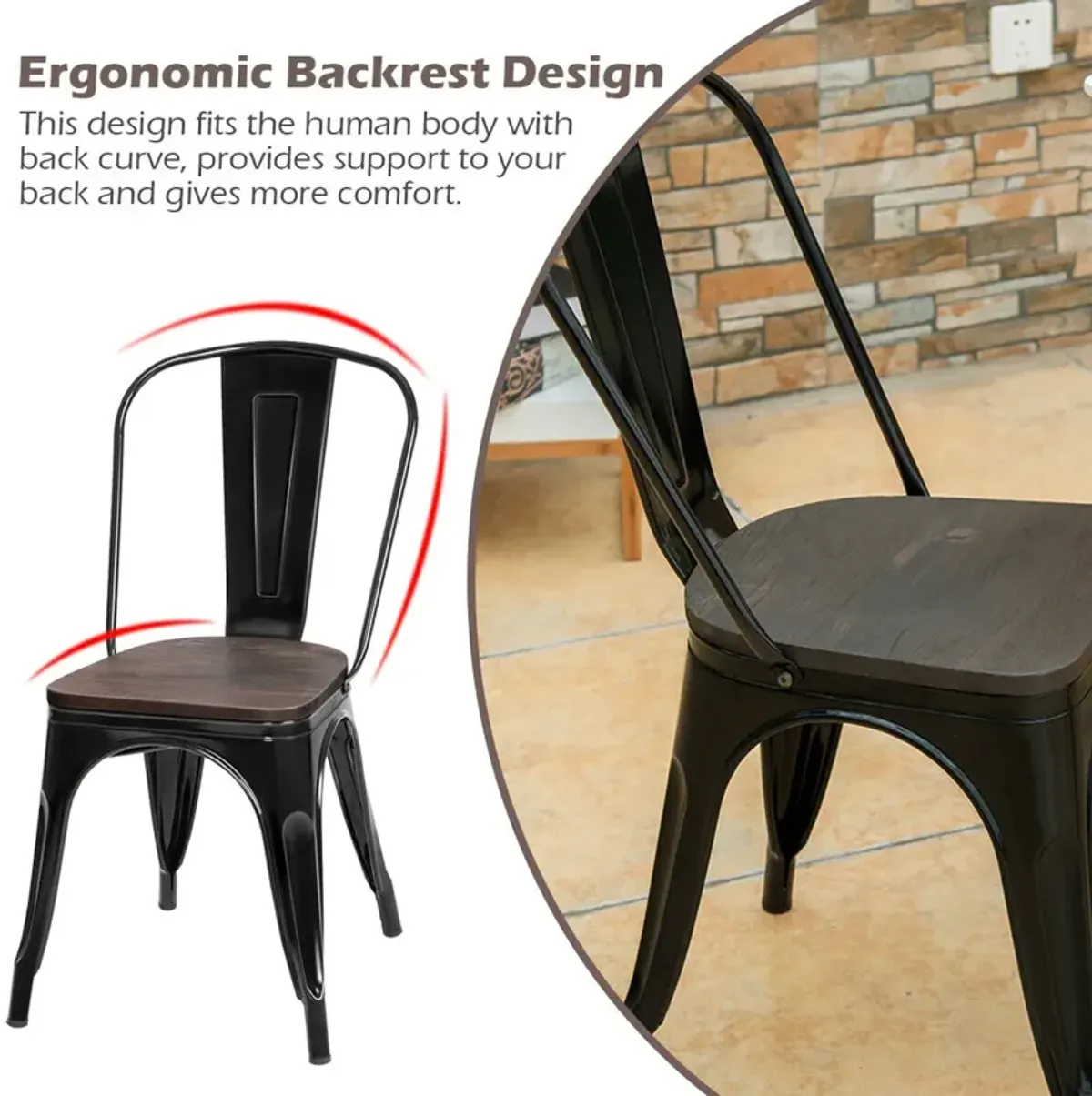 18 Inch Height Set of 4 Stackable Style Metal Wood Dining Chair