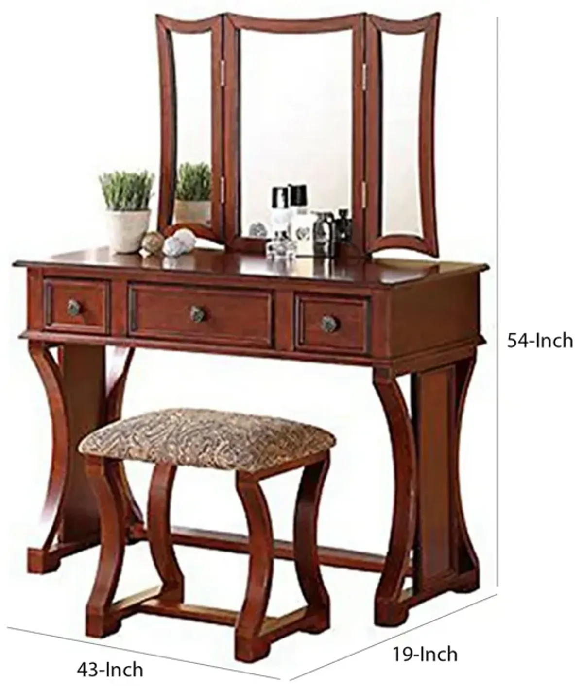 Modish Vanity Set Featuring Stool And Mirror Cherry Brown-Benzara