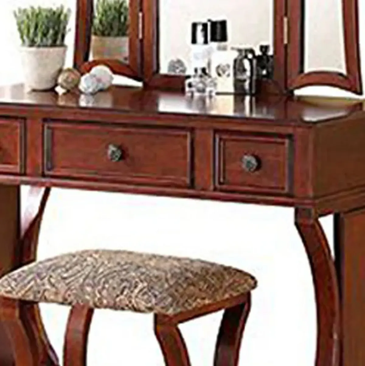 Modish Vanity Set Featuring Stool And Mirror Cherry Brown-Benzara