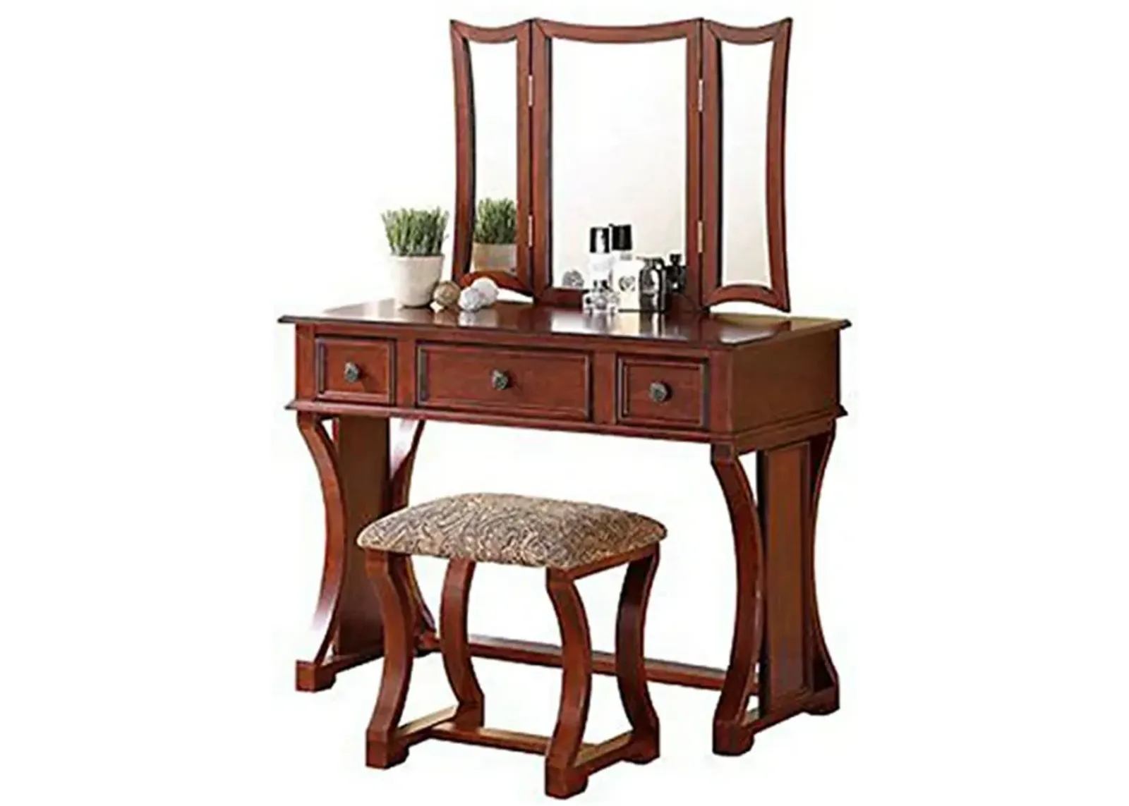 Modish Vanity Set Featuring Stool And Mirror Cherry Brown-Benzara