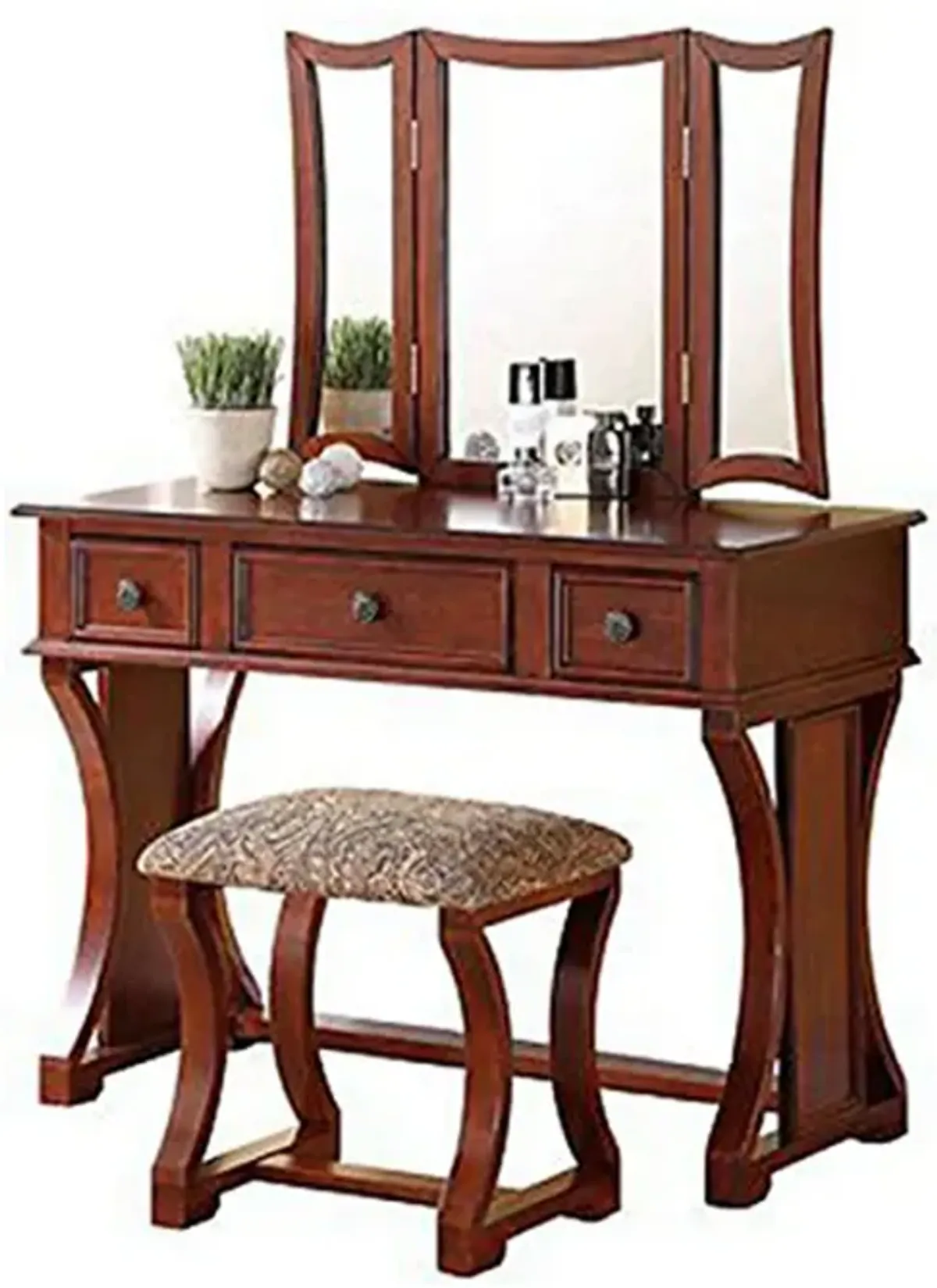 Modish Vanity Set Featuring Stool And Mirror Cherry Brown-Benzara