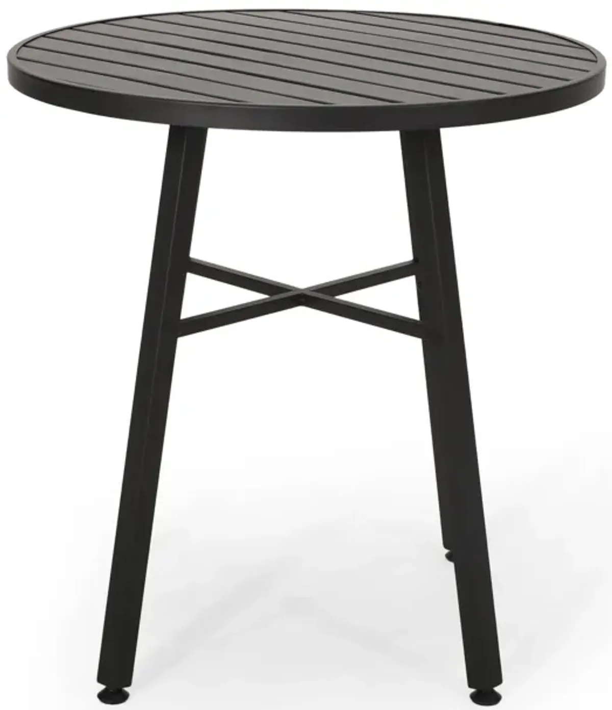 Outdoor Bistro Table Set with 2 Chairs, Slatted, Black Iron, Beige - Benzara