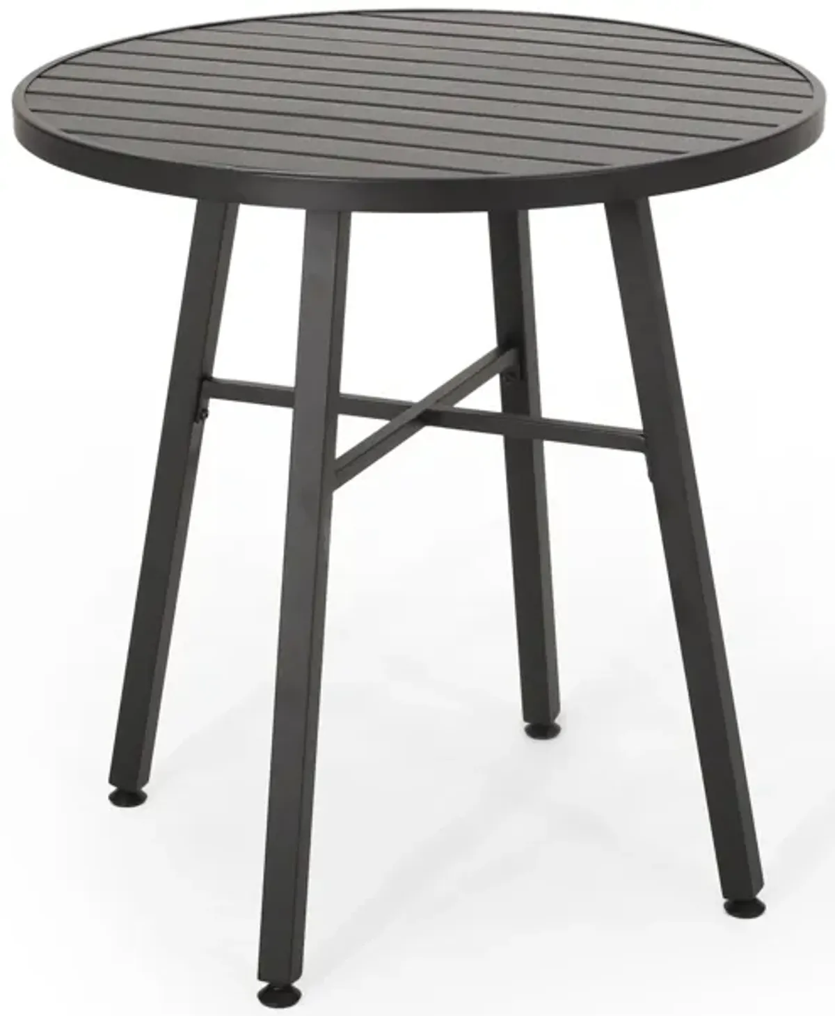 Outdoor Bistro Table Set with 2 Chairs, Slatted, Black Iron, Beige - Benzara