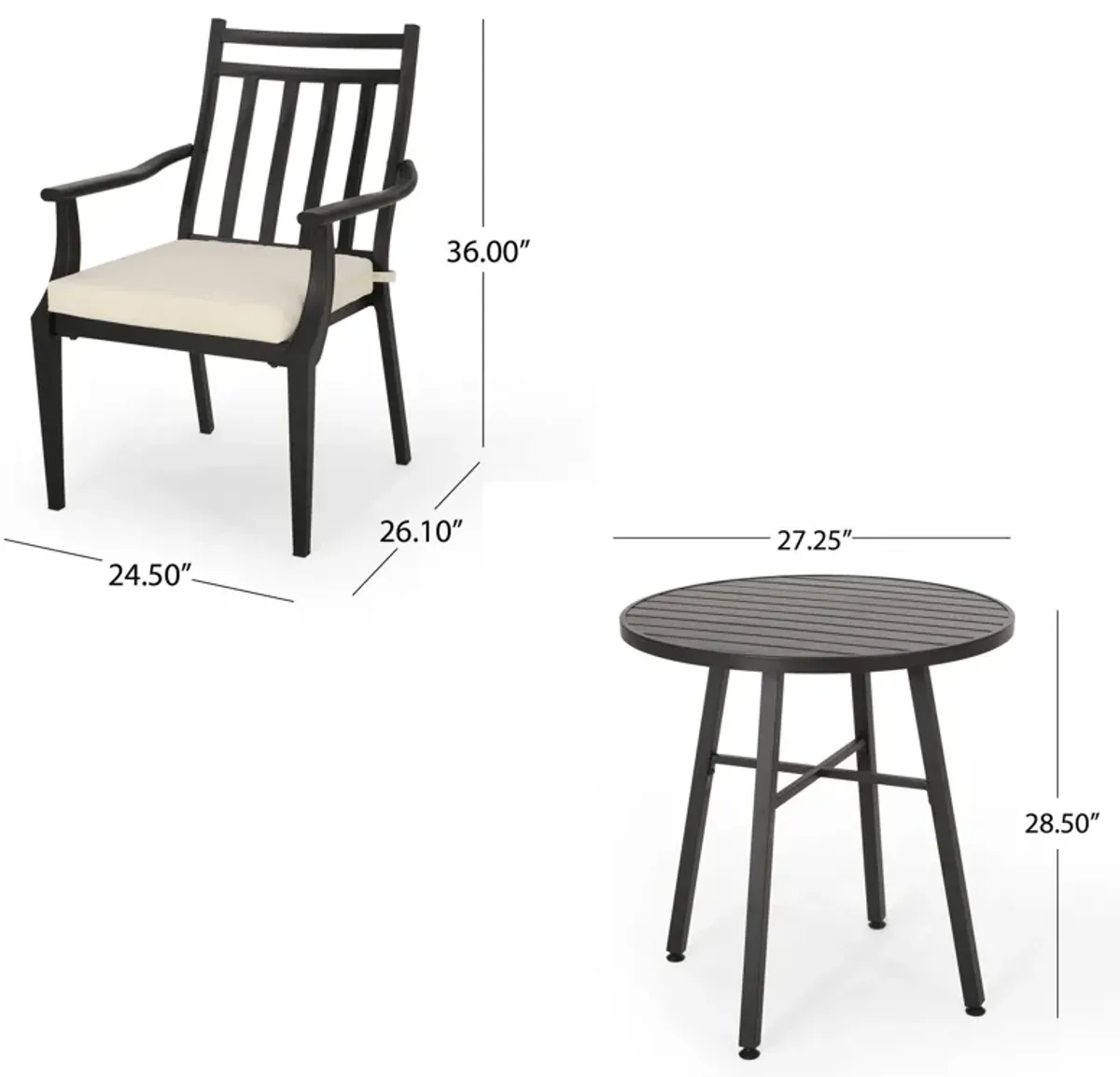 Outdoor Bistro Table Set with 2 Chairs, Slatted, Black Iron, Beige - Benzara