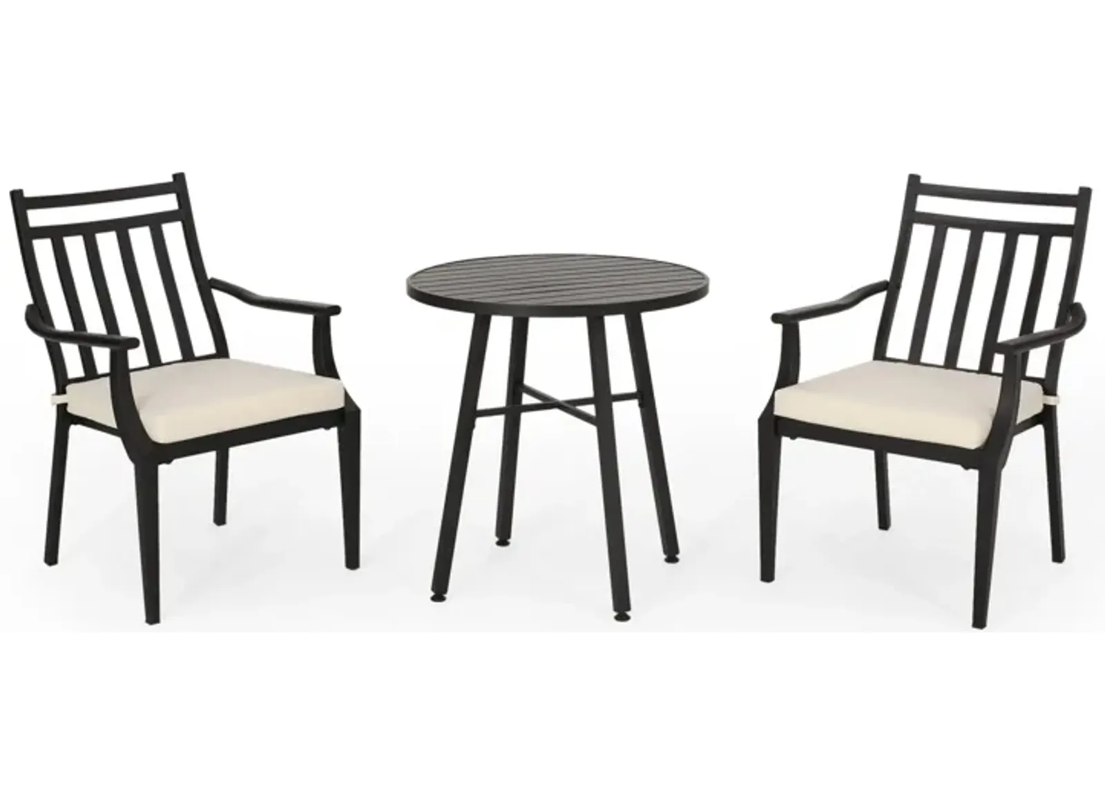 Outdoor Bistro Table Set with 2 Chairs, Slatted, Black Iron, Beige - Benzara