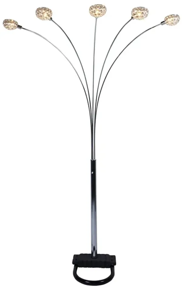Arya 94 Inch 5 Light Arc Floor Lamp, Crystal Accents, Modern Style, Chrome-Benzara
