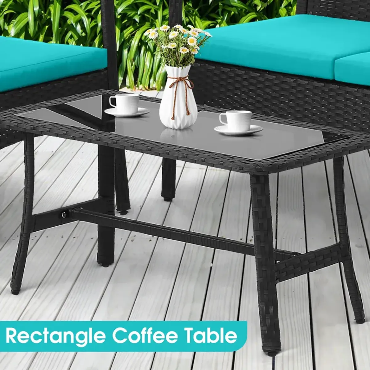 4 Pieces Outdoor Rattan Conversation Set with Tempered Glass Coffee Table