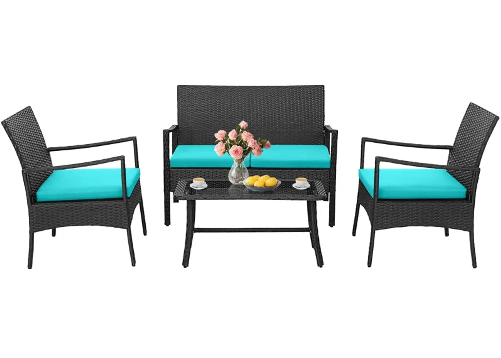 4 Pieces Outdoor Rattan Conversation Set with Tempered Glass Coffee Table