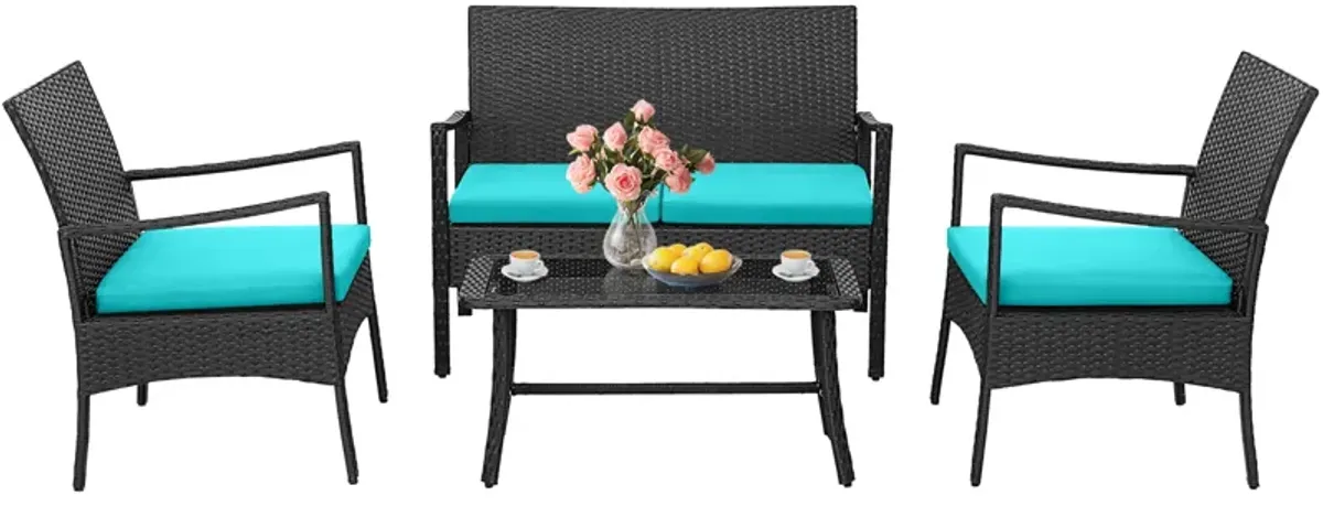 4 Pieces Outdoor Rattan Conversation Set with Tempered Glass Coffee Table