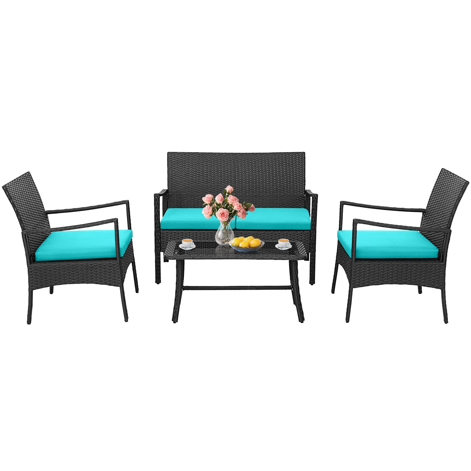 4 Pieces Outdoor Rattan Conversation Set with Tempered Glass Coffee Table