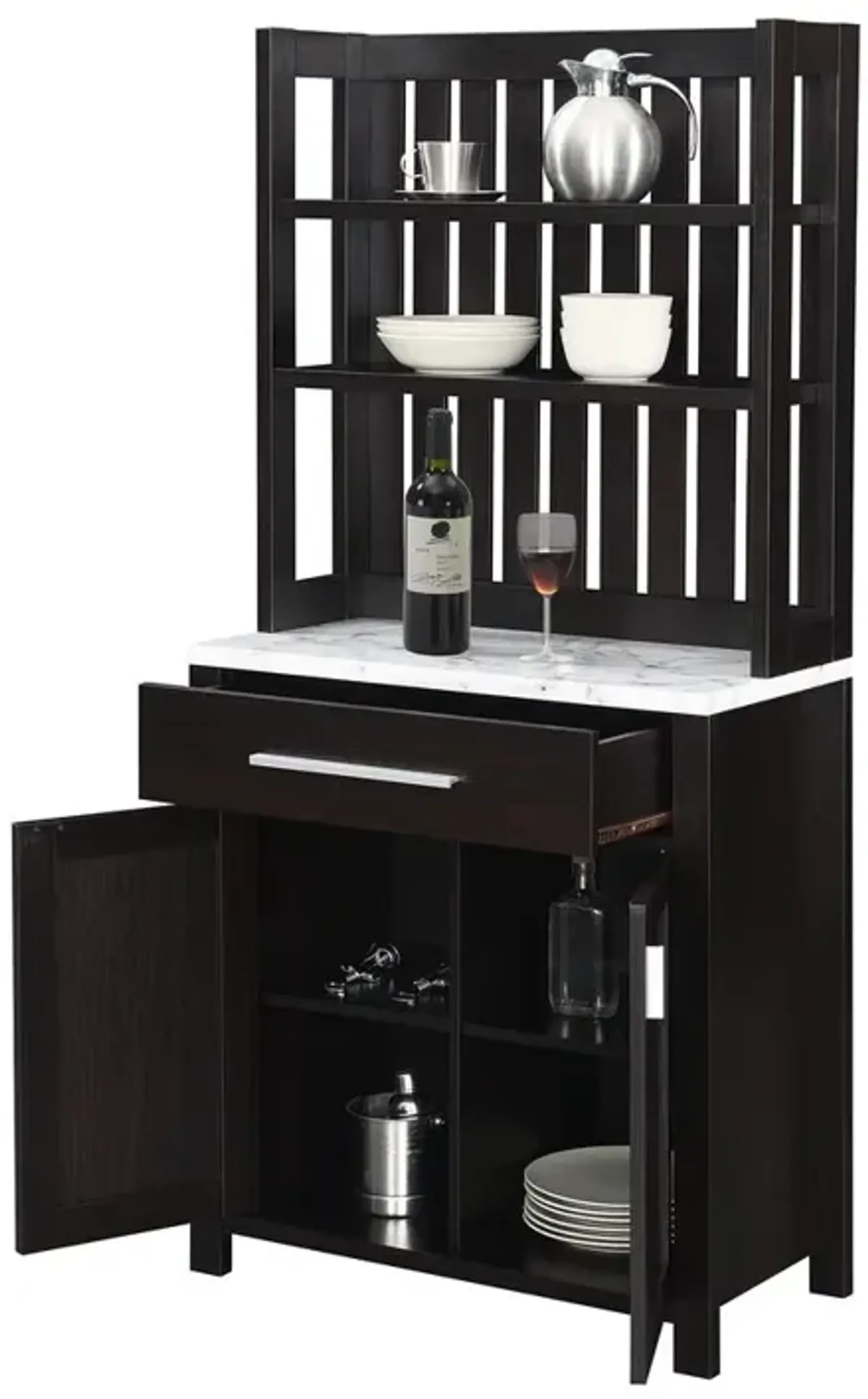 Convenience Concepts Sawyer Wine Bar With Cabinet, Faux White Marble/Espresso