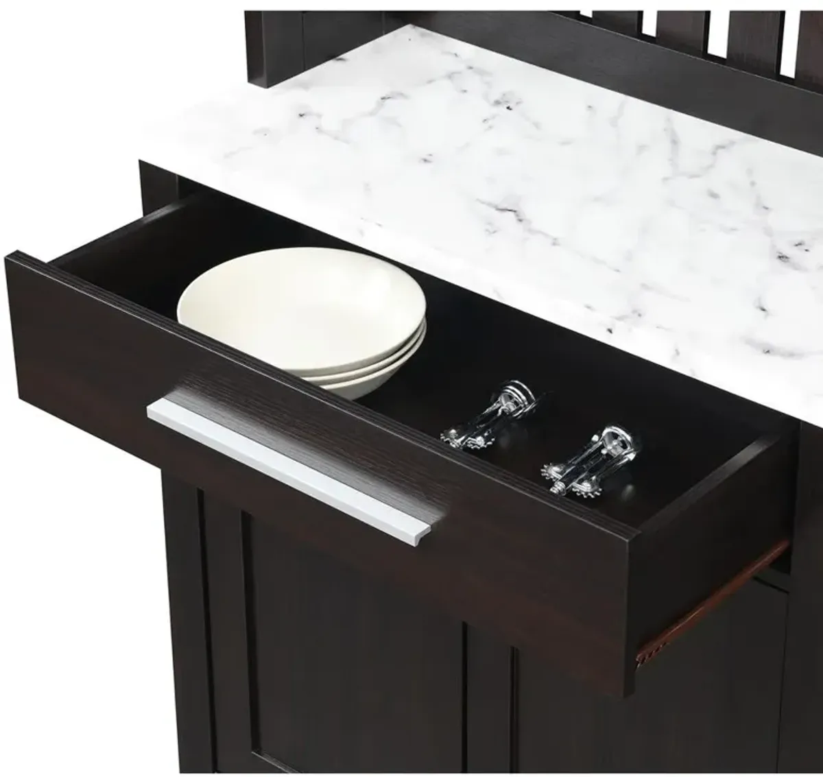 Convenience Concepts Sawyer Wine Bar With Cabinet, Faux White Marble/Espresso