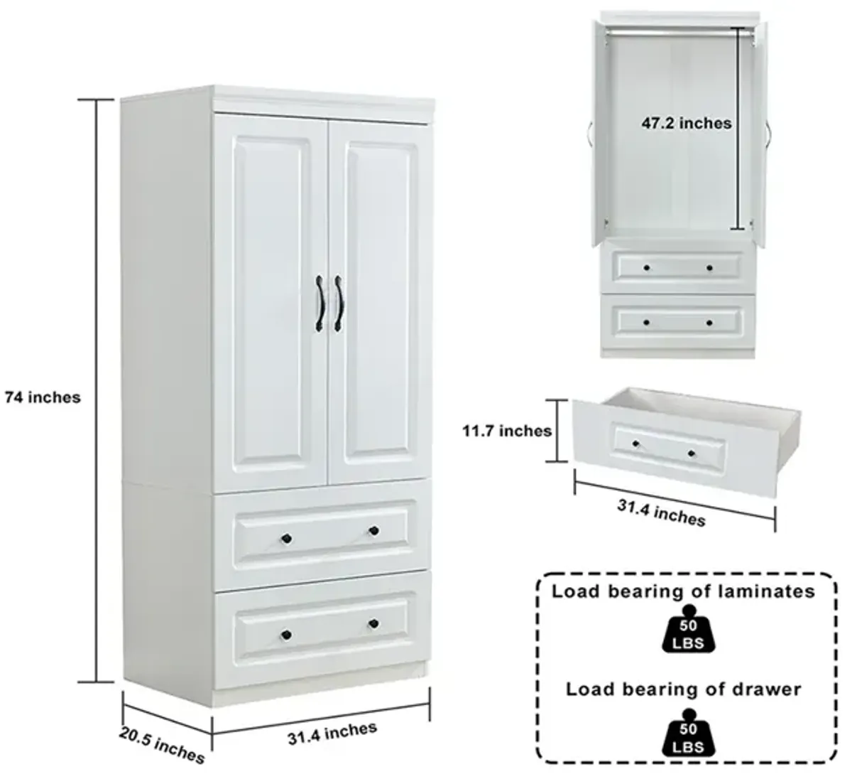 Wardrobe Closet with 2 Doors Wood Armoire Wardrobe Closets Cabinet Wardrobe Cabinet White Storage Cabinet Bedroom Armoires with Hanging Rod 2 Drawers