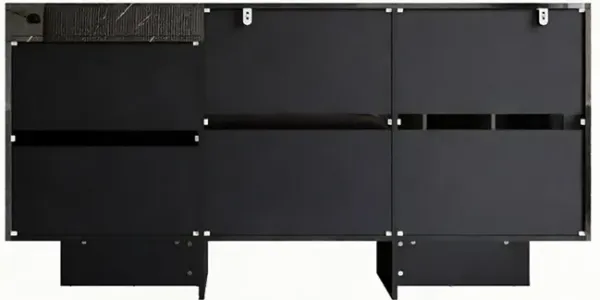 FUFU&GAGA Modern 9-Drawer Dresser with Marble-Texture Accent, High Gloss Black Finish, Spacious Storage Organizer for Bedroom & Living Room, (59" W x 30" H x 15.7" D),Black