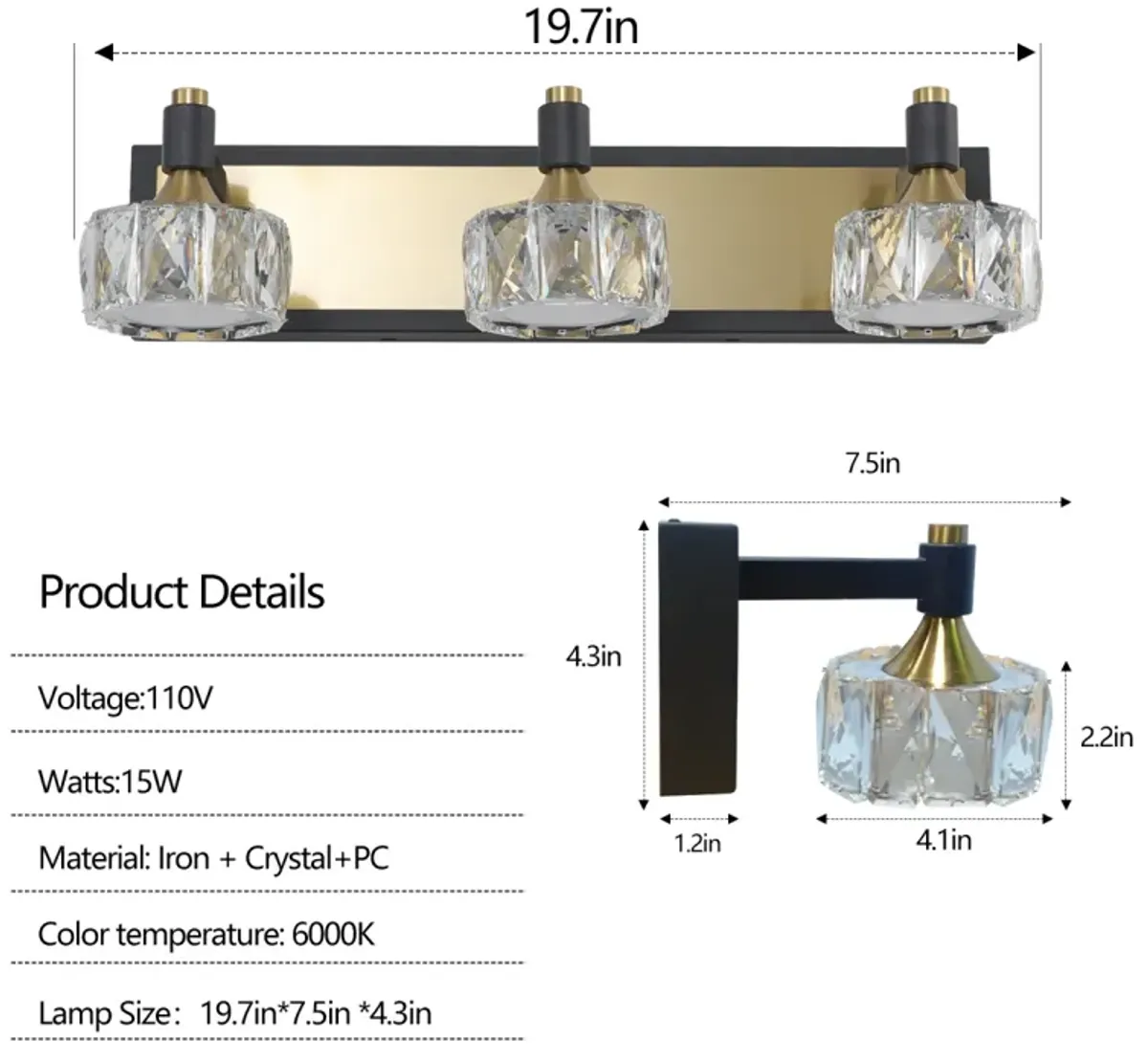 LED 3-Light Modern Crystal Bathroom Vanity Light Over Mirror Bath Wall Lighting Fixtures