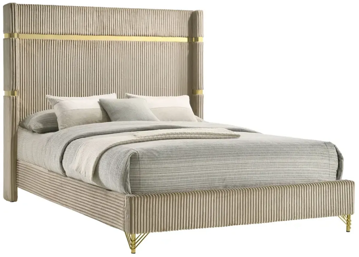 Jenny Queen Size Bed, Fluted Wingback Headboard, Beige Upholstery Gold Trim - Benzara