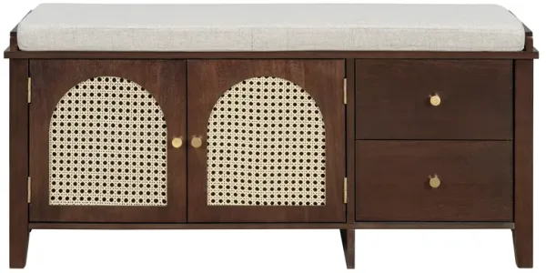 Clihome Shoe Storage Bench, Vintage Shoe Bench with Storage and Cushion, Shoe Bench with 2 Drawers and 2 Rattan Door for Entryway, Bedroom, Living Room, Navy