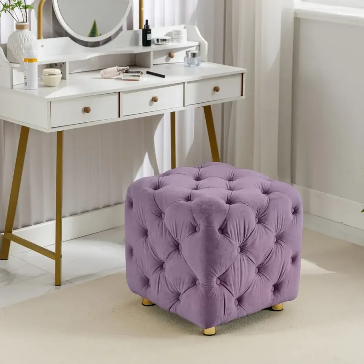 Modern Purple Velvet Ottoman, Small End Table, Footstool & Chair Set