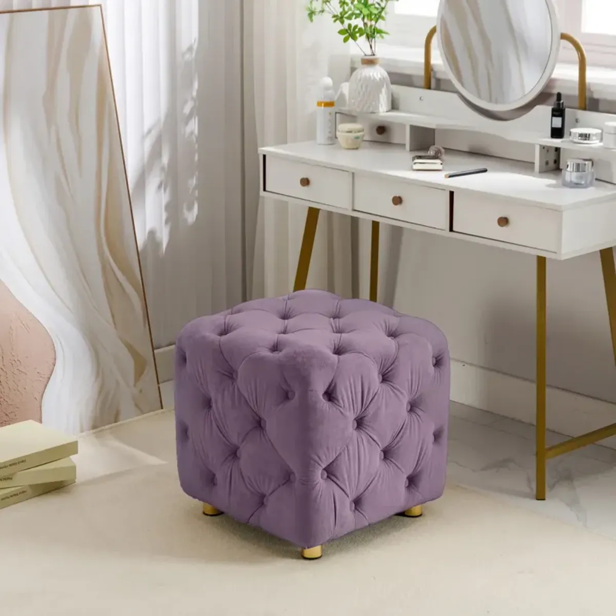 Modern Purple Velvet Ottoman, Small End Table, Footstool & Chair Set