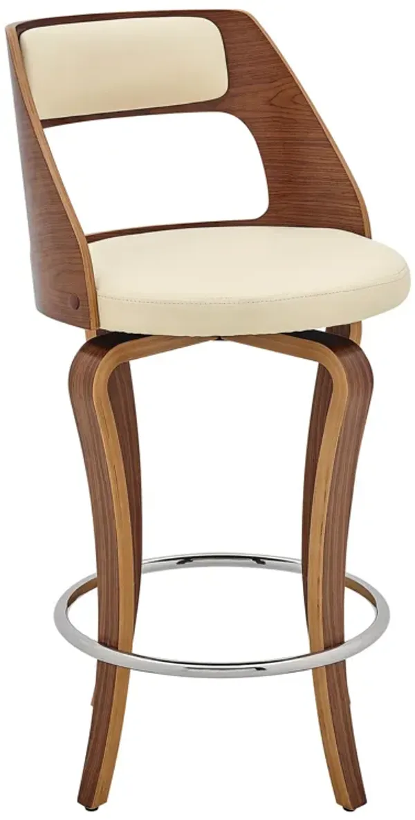 25 Inch Swivel Counter Stool Vegan Faux Leather, Walnut Wood Legs, Cream - Benzara