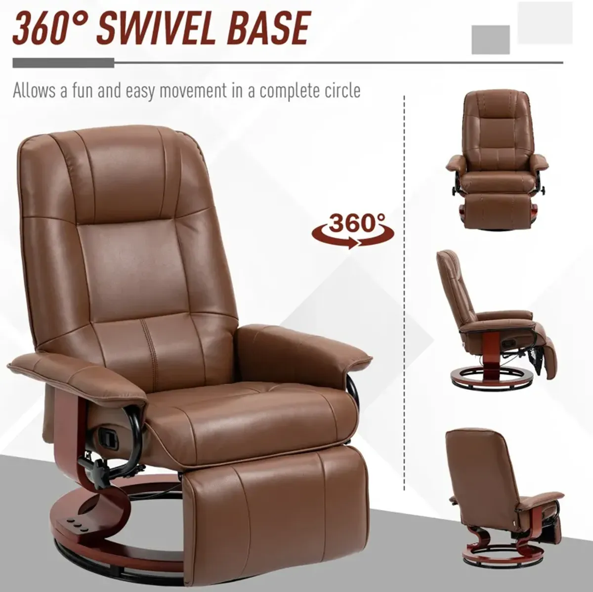 Brown Living Room Comfort: Faux Leather Manual Swivel Recliner