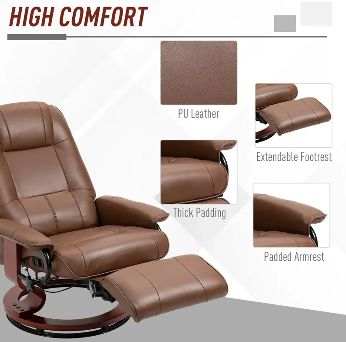 Brown Living Room Comfort: Faux Leather Manual Swivel Recliner