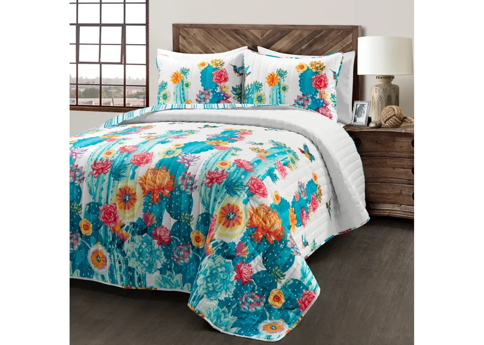 Southwest Vibrant Cactus Reversible Oversized Quilt 3Pc Set