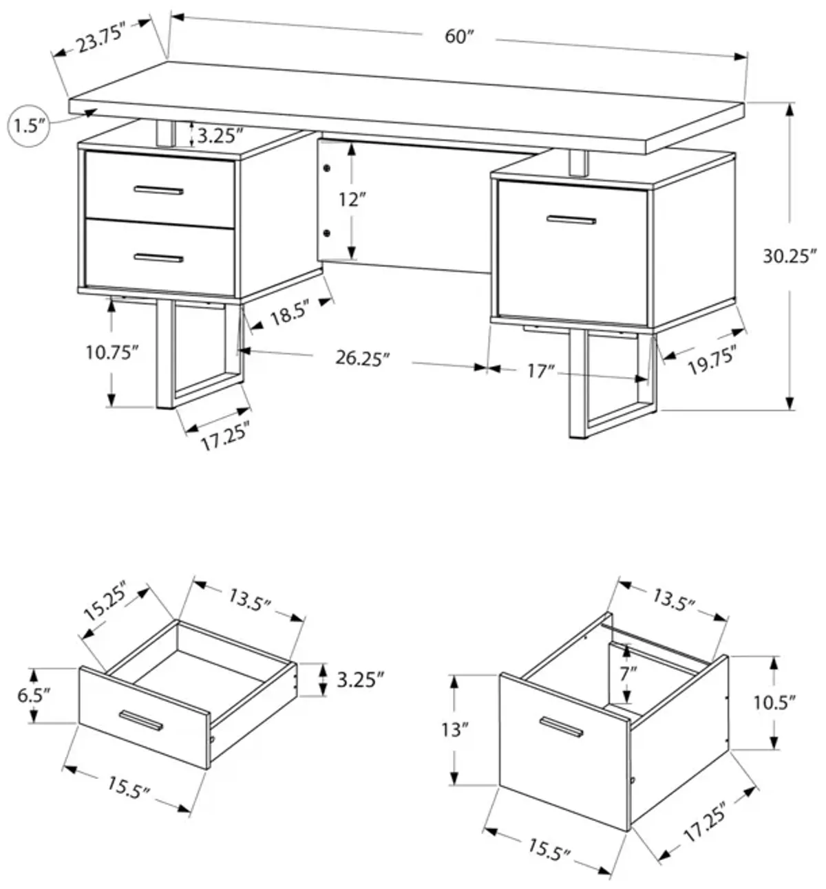 Monarch Specialties Computer Desk, Home Office, Laptop, Left, Right Set-Up, Storage Drawers, 60"L, Work, Metal, Laminate, Beige, Black, Contemporary, Modern