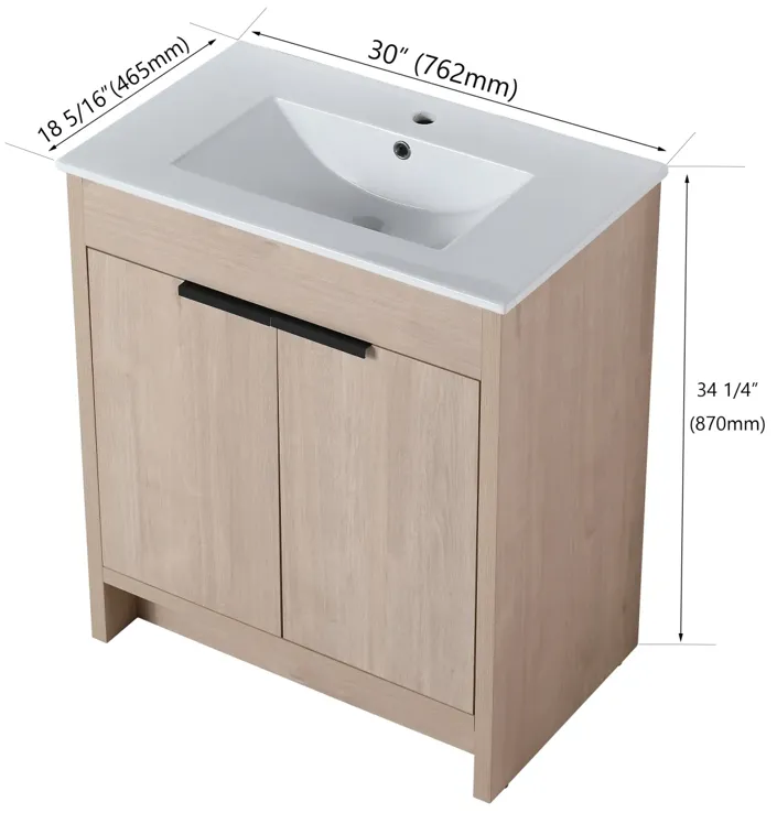 30" Freestanding Bathroom Vanity with White Ceramic Sink & Soft-Close Doors