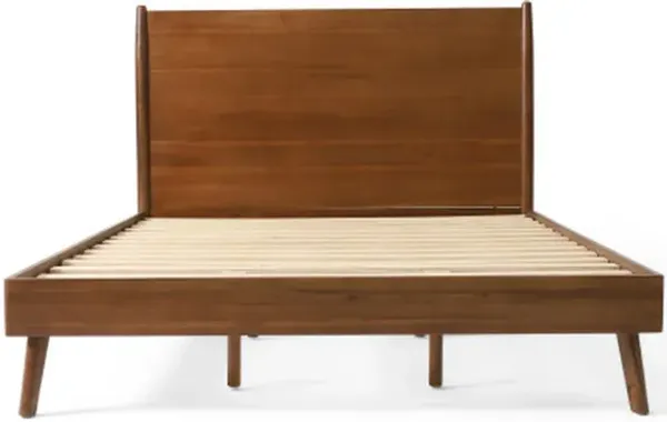 Ozzy King Size Bed with Panel Headboard Design, Rich Brown Acacia Wood - Benzara