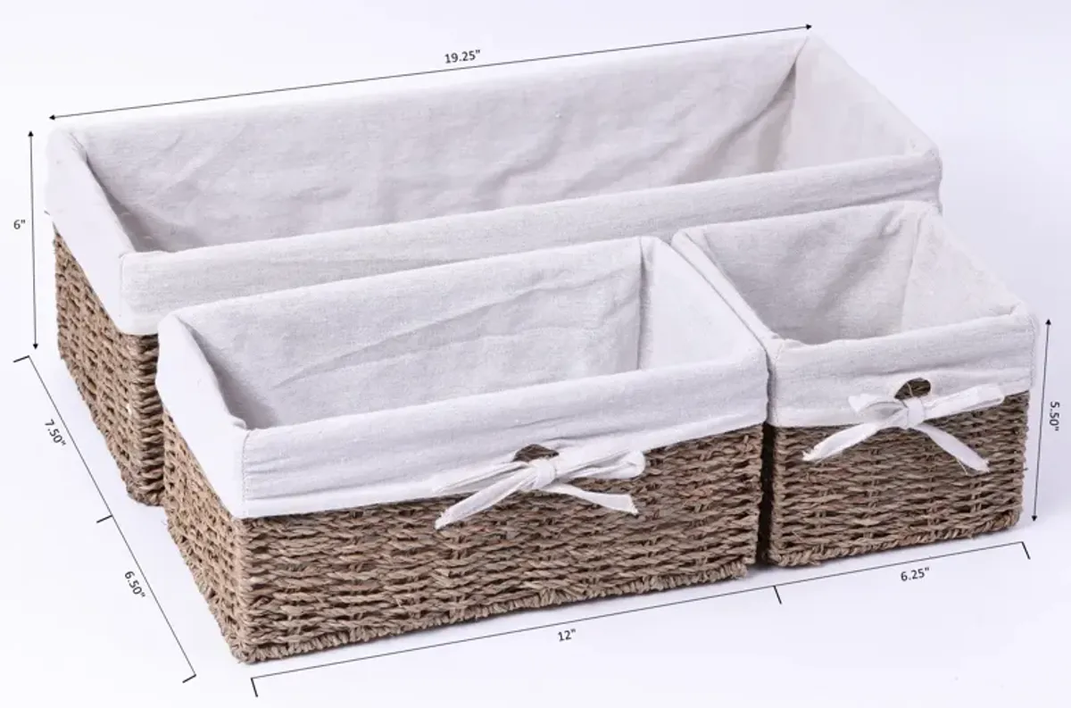 Seagrass Shelf Storage Baskets with Lining, Set of 3