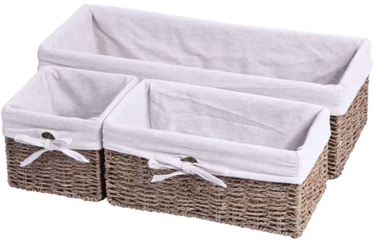 Seagrass Shelf Storage Baskets with Lining, Set of 3