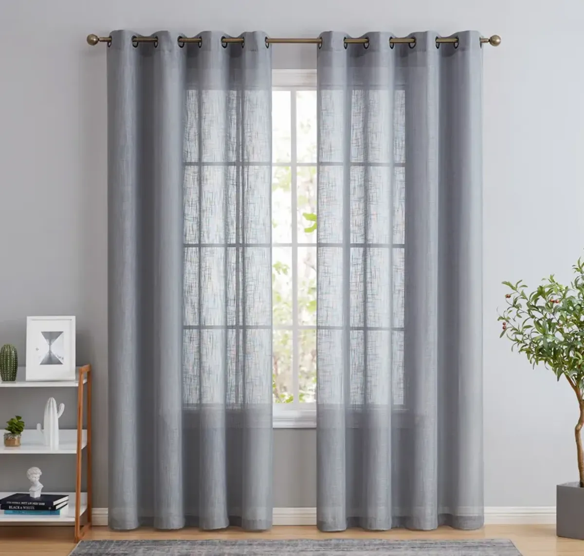 THD Serena Faux Linen Textured Semi Sheer Privacy Light Filtering Transparent Window Grommet Thick Curtains Drapery Panels for Bedroom & Living Room, 2 Panels