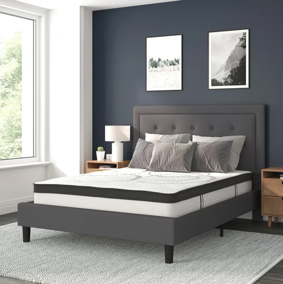 Roxbury Queen Size Tufted Upholstered Platform Bed in Dark Gray Fabric with 10 Inch CertiPUR-US Certified Pocket Spring Mattress