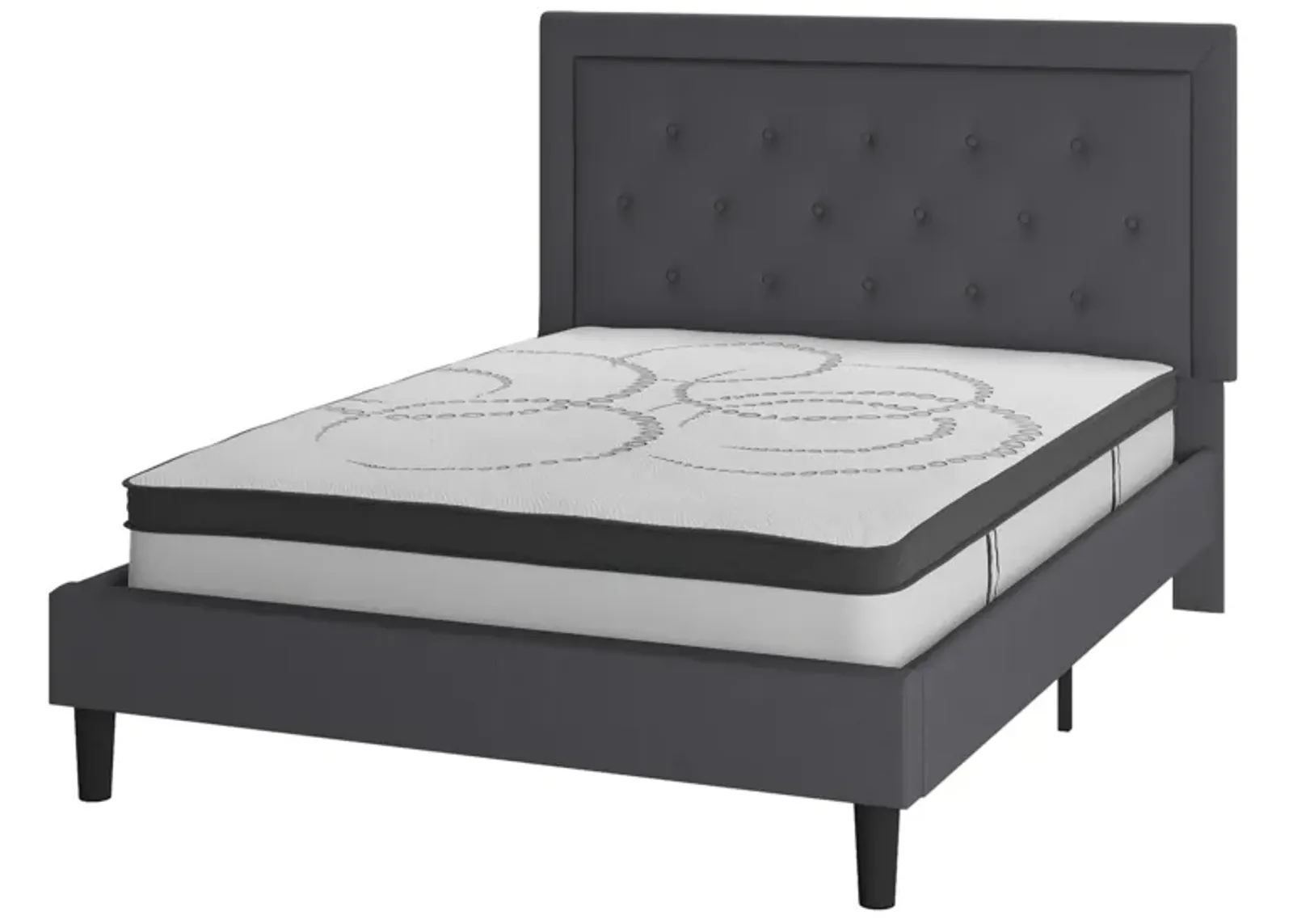 Roxbury Queen Size Tufted Upholstered Platform Bed in Dark Gray Fabric with 10 Inch CertiPUR-US Certified Pocket Spring Mattress